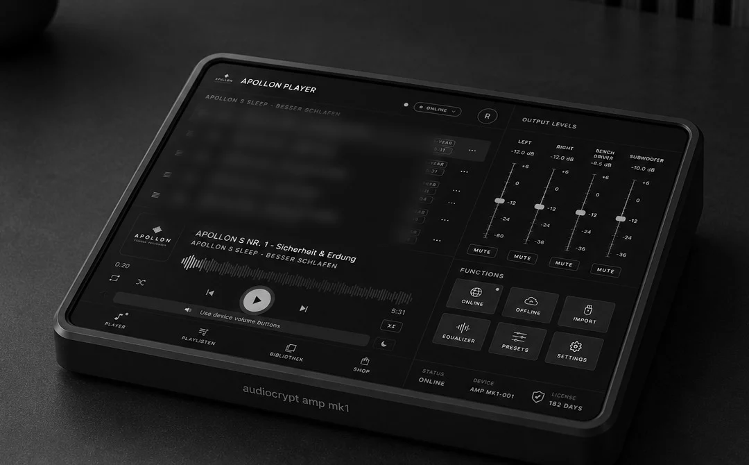 AudioCrypt Amp MK1 Touchscreen mit dem APOLLON Player und dem Mixer