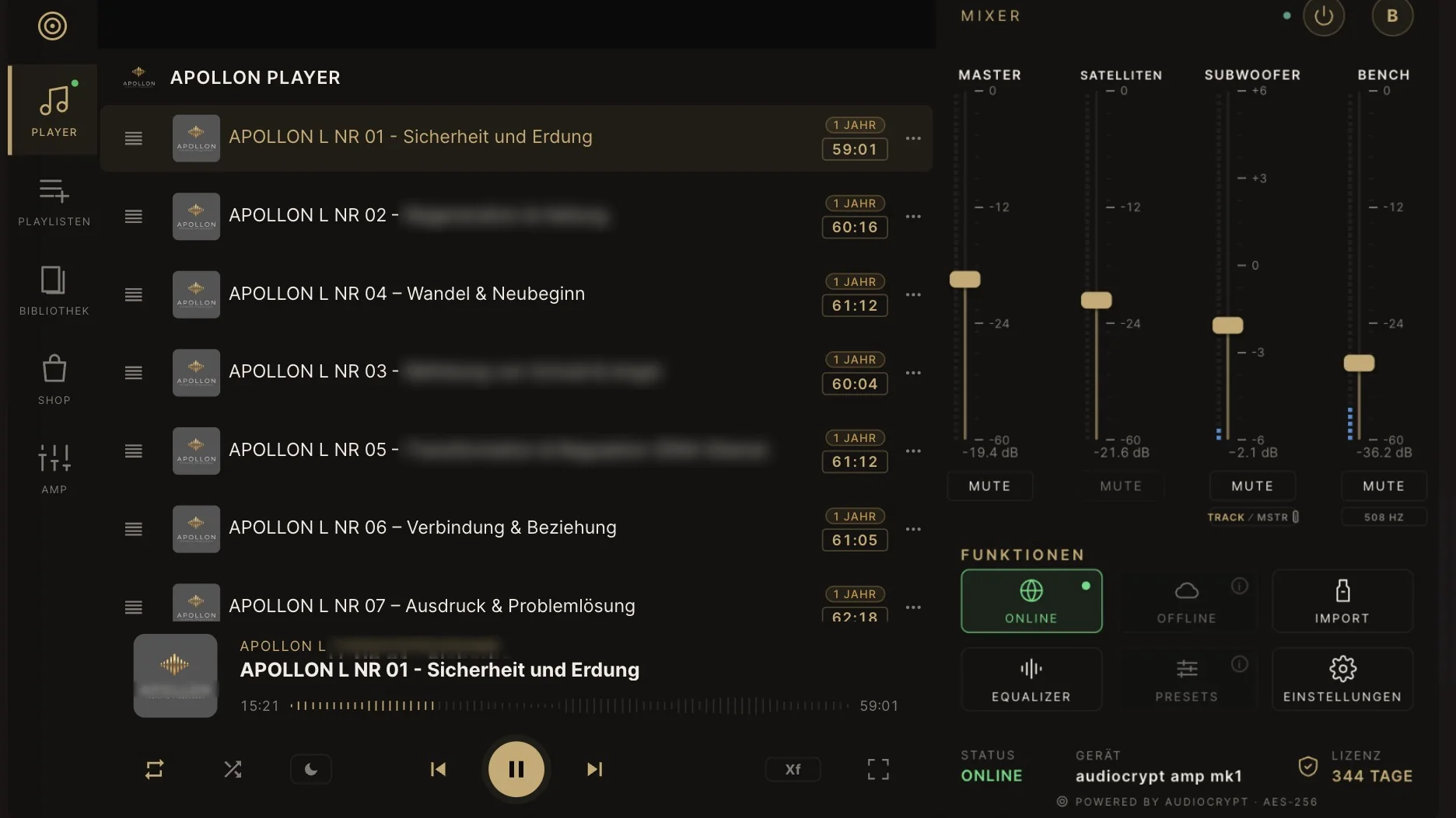 The AudioCrypt Player on the Amp MK1: a playlist of APOLLON titles, each with a one-year licence, and the mixer