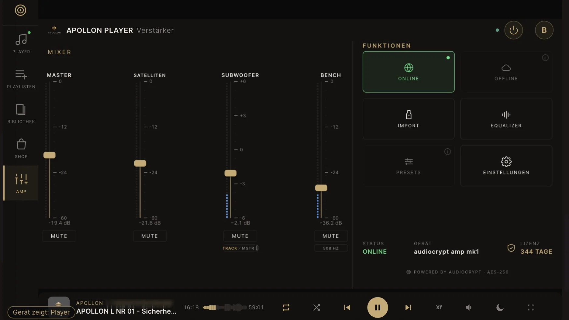 The mixer of the AudioCrypt Player on the Amp MK1: master, satellites, subwoofer and bench